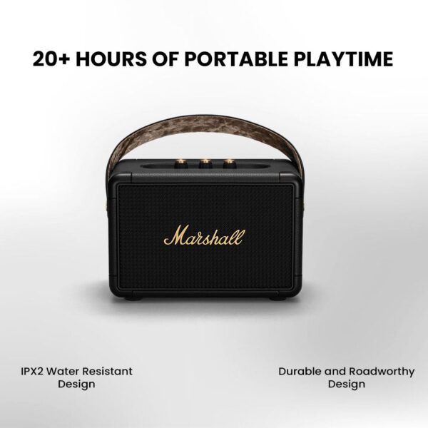 Marshall Kilburn II Portable Bluetooth Speaker with 20+ Hours of Portable Playtime, (360° Sound), Water-Resistant (IPX2) Black & Brass. - Image 2