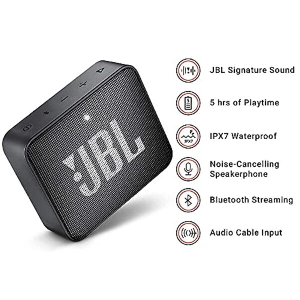 JBL Go 2, Wireless Portable Bluetooth Speaker with Mic, Signature Sound, Vibrant Color Options with IPX7 Waterproof & AUX (Black) - Image 2