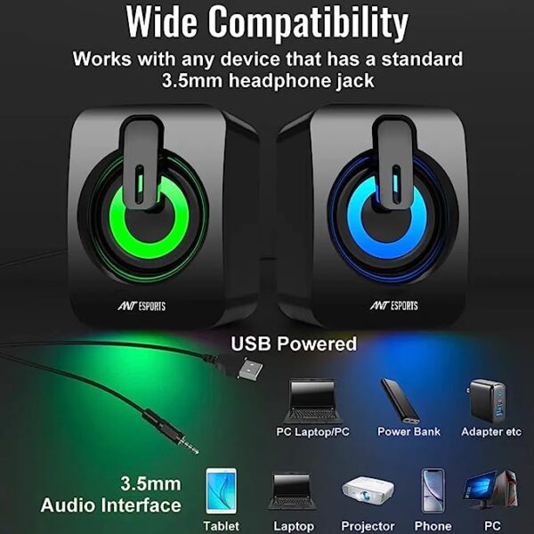 Ant Esports GS170 Gaming Speaker for PC, Stereo 2.0 USB Powered Desktop Speaker with 3.5 mm Aux-in, in-line Volume Control, RGB LED Lights Mini Multimedia Speakers for PC, Laptop, Tablet, Cellphone - Image 6
