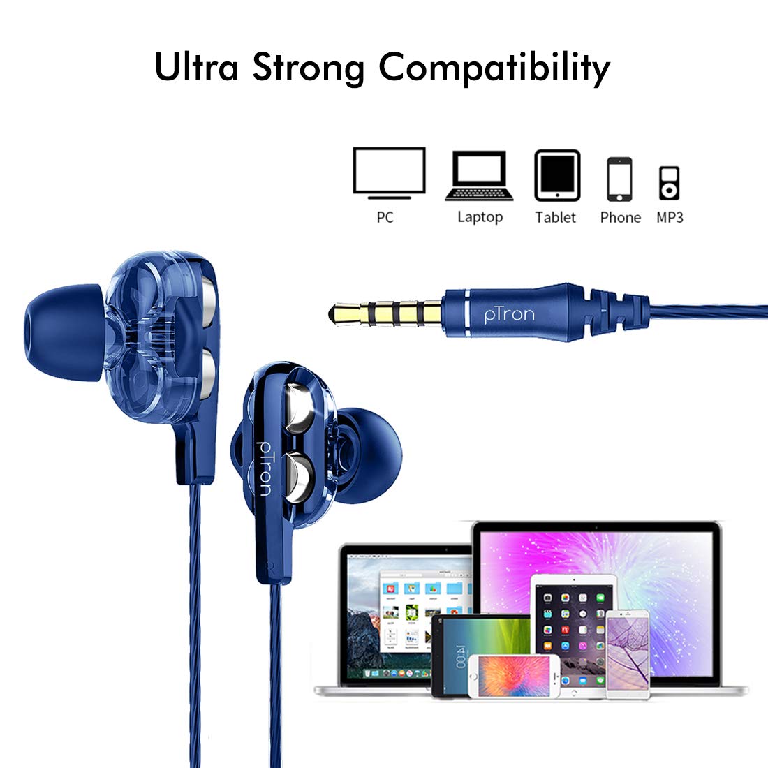 pTron Boom Ultima 4D Dual Driver, in Ear Gaming Wired Headphones with in-Line Mic, Volume Control & Passive Noise Cancelling Boom 3 Earphones - (Dark Blue) - Image 6