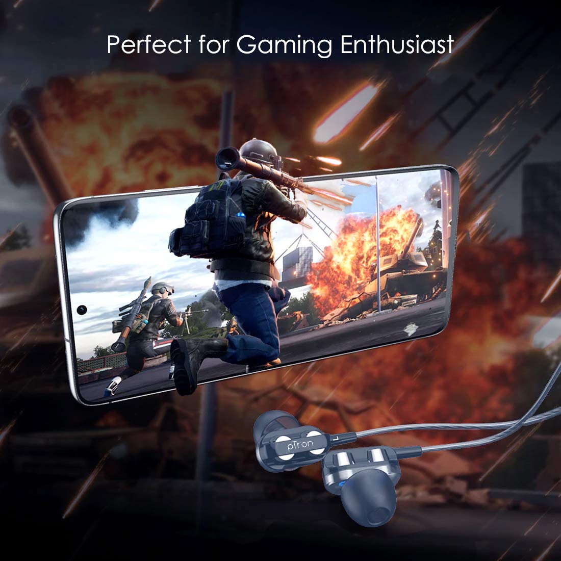 pTron Boom Ultima 4D Dual Driver, in Ear Gaming Wired Headphones with in-Line Mic, Volume Control & Passive Noise Cancelling Boom 3 Earphones - (Dark Blue) - Image 2