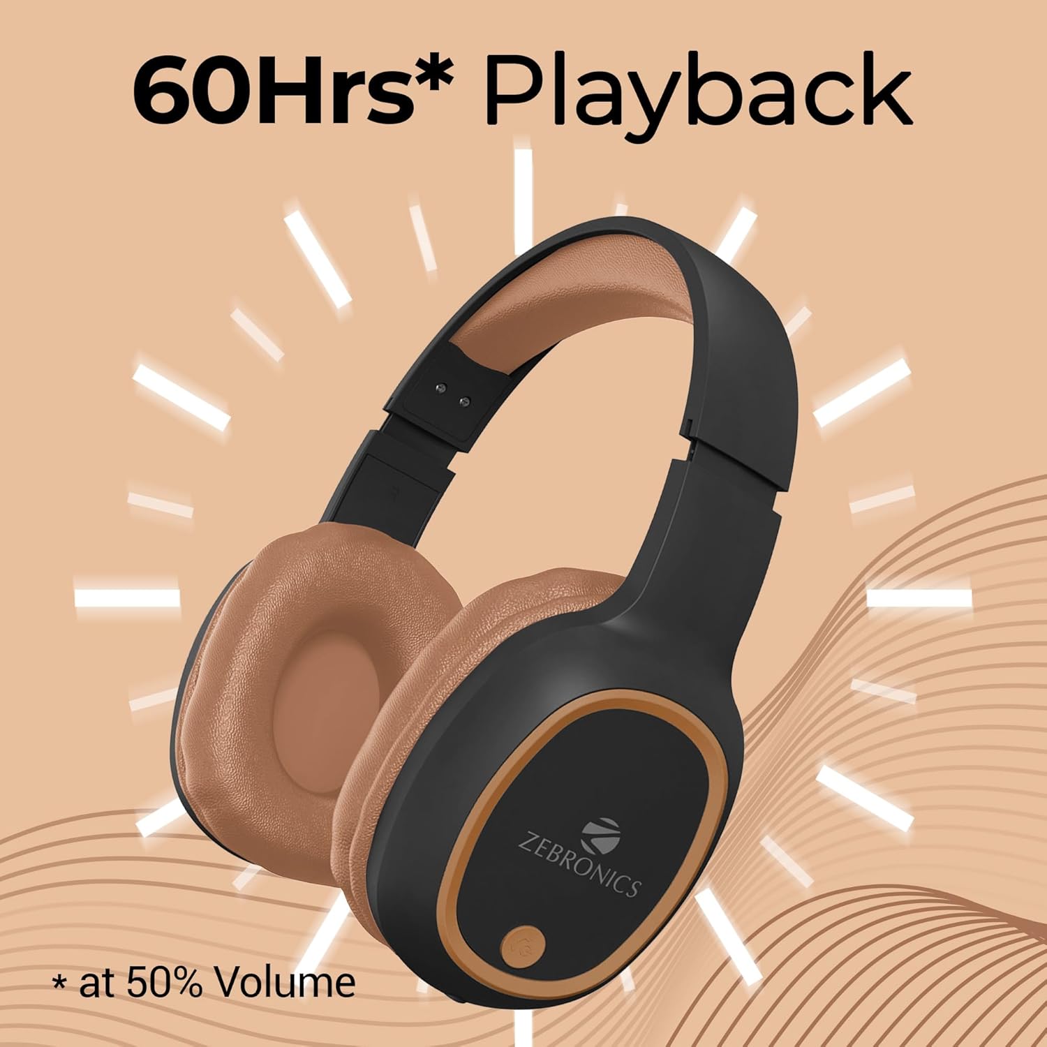 ZEBRONICS Thunder Over Ear Bluetooth 5.3 Wireless Headphones with 60H Backup, Gaming Mode, Dual Pairing, Enc, Aux, Micro Sd, Voice Assistant, Comfortable Earcups, Call Function (Brown)