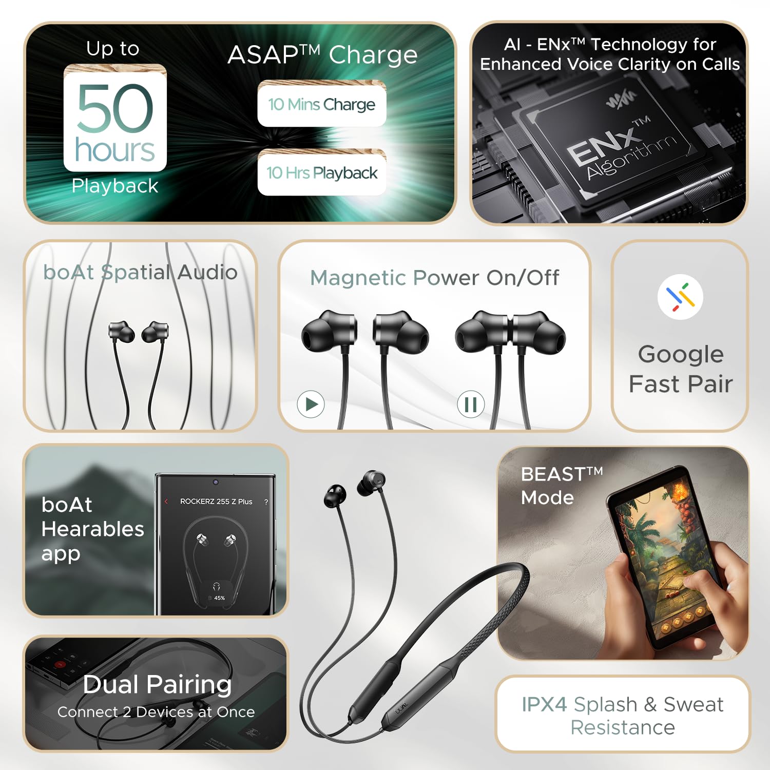 boAt Rockerz 255 Z Plus,AI-Enx Tech,Spatial Audio,50HRS Battery,Low Latency Mode,Fast Charge,App Support,IPX4,GFPS,BT V5.3,Bluetooth Neckband,in Ear Wireless with Mic Earphones (Classic Black)
