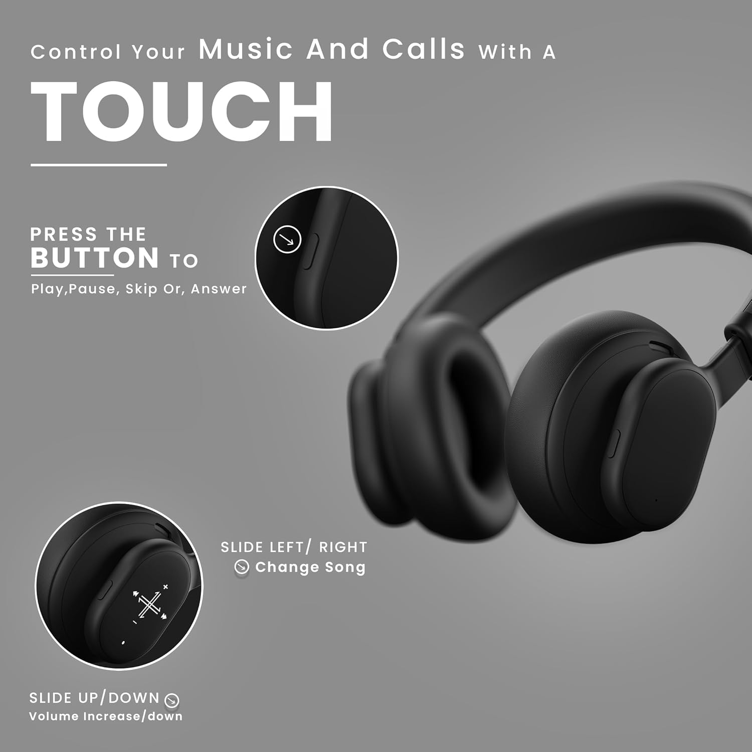 HAMMER Bash Max Over The Ear Wireless Bluetooth Headphones with Mic, Touch Control, Deep Bass, Upto 40 Hours Playtime, Bluetooth 5.3, Workout/Travel (Black) - Image 3