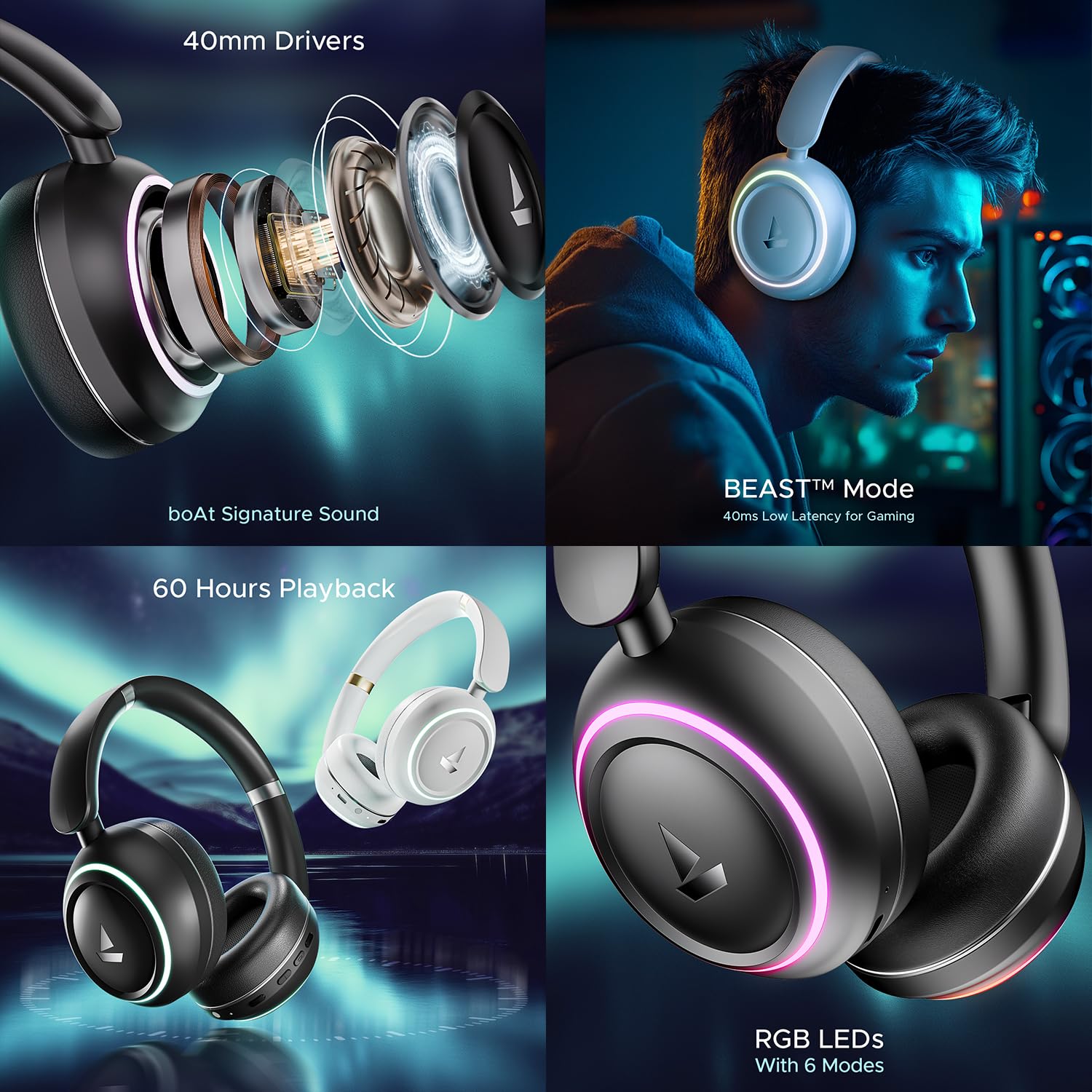 boAt Rockerz 480 w/RGB LEDs, 6 Light Modes, 40mm Drivers, Beast Mode, 60hrs Playback, ENx Tech, BT v5.3, Adaptive Fit & Easy Access Controls, Bluetooth Headphones(Black Sabre) - Image 6