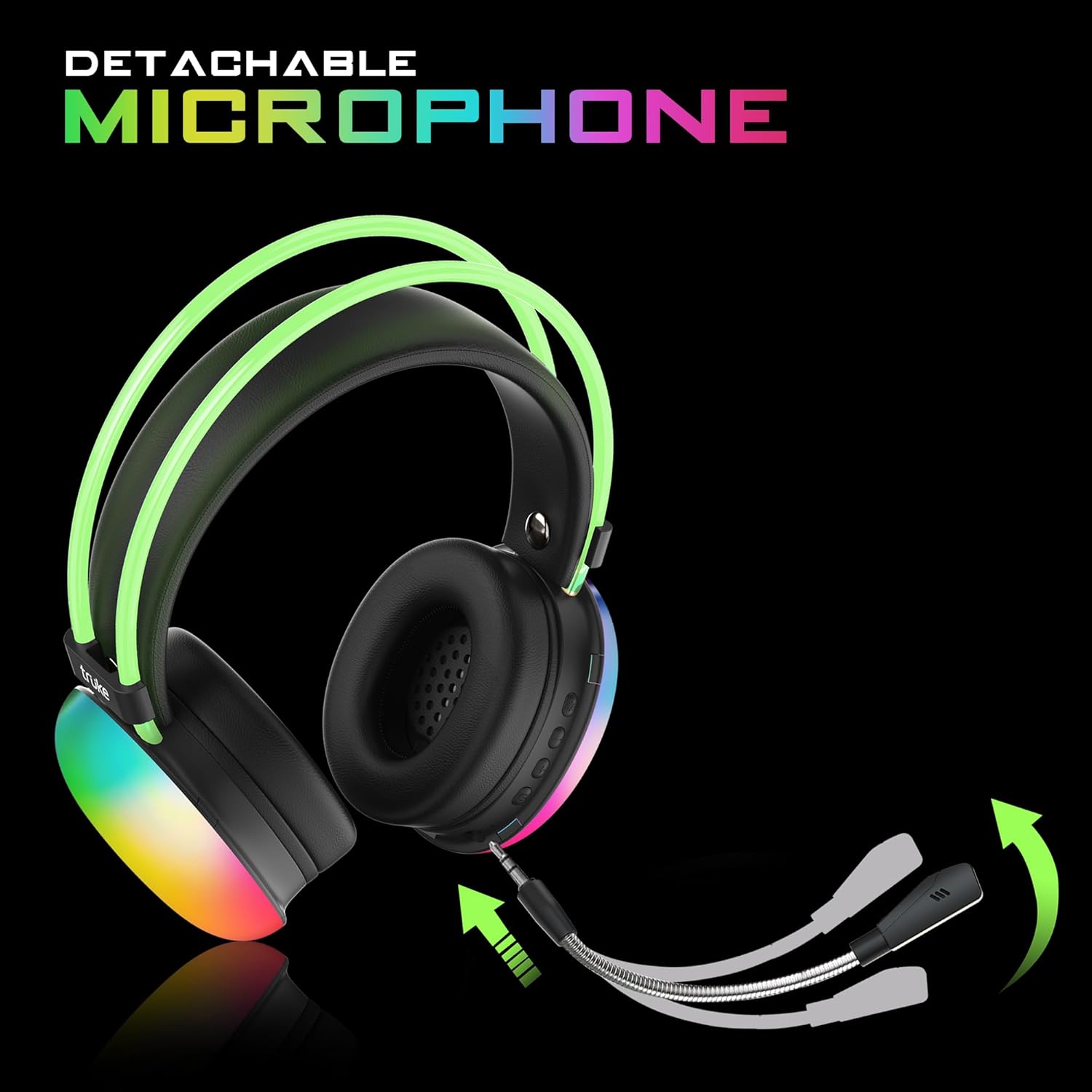 truke Newly Launched BTG Thunder Over the Ear Gaming Headphone with 70H of Playtime, 40mm Titanium Drivers, Dual Pairing Headset, Gaming Mode (40ms Latency) with RGB LEDs, Detachable Mic, BT 5.4-Black