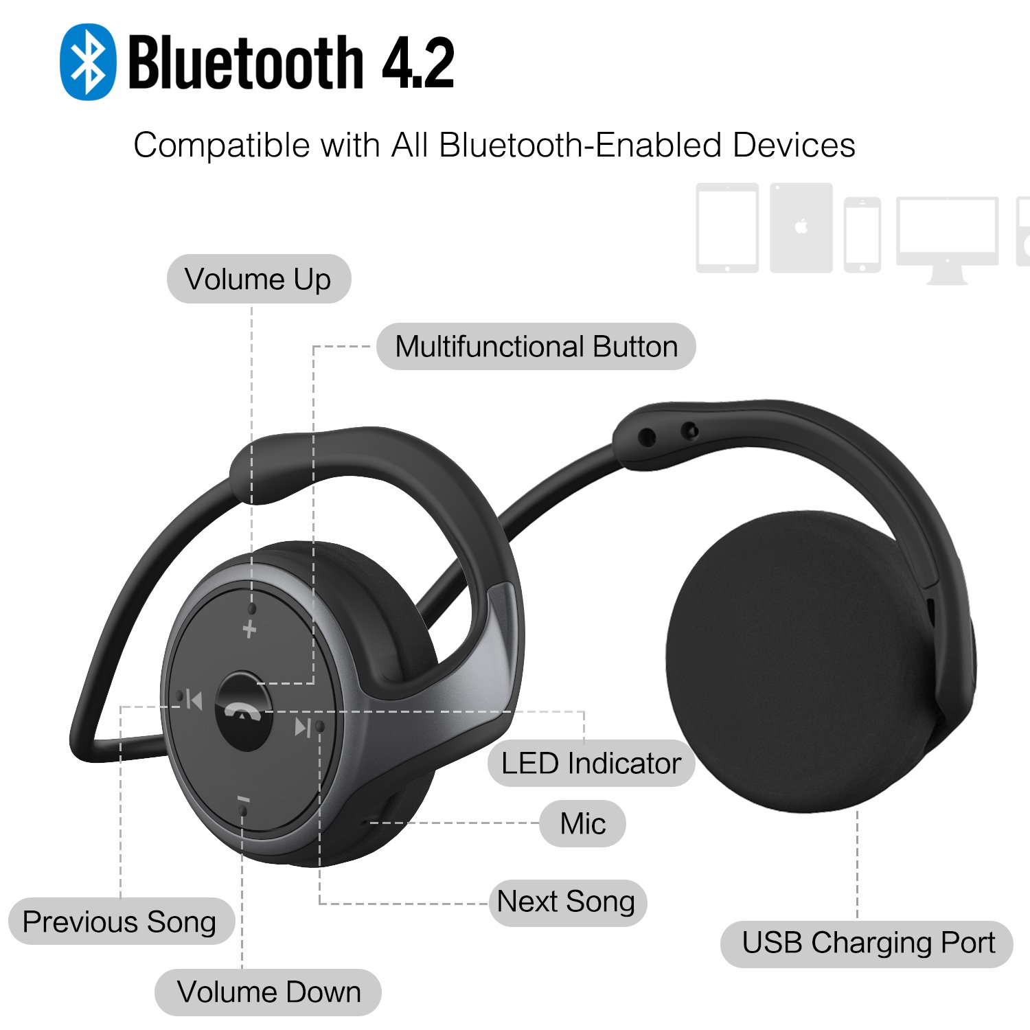 RTUSIA Small Bluetooth On Ear Headphones Wrap Around Head - Sports Wireless Headset with Built in Microphone and Crystal-Clear Sound, Foldable and Carried in The Purse, and 12-Hour Battery Life, Black - Image 2