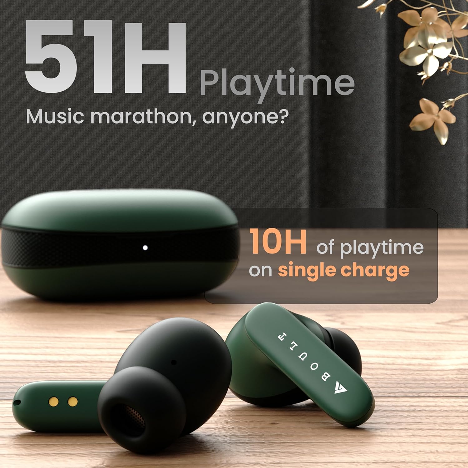 Boult Z20 Truly Wireless Bluetooth Ear Buds with 51H Playtime, Zenâ„¢ Calling ENC Mic, Made in India, Low Latency Gaming, Touch Controls, Rich Bass Drivers, TWS Earbuds Bluetooth Wireless (Pine Green) - Image 5