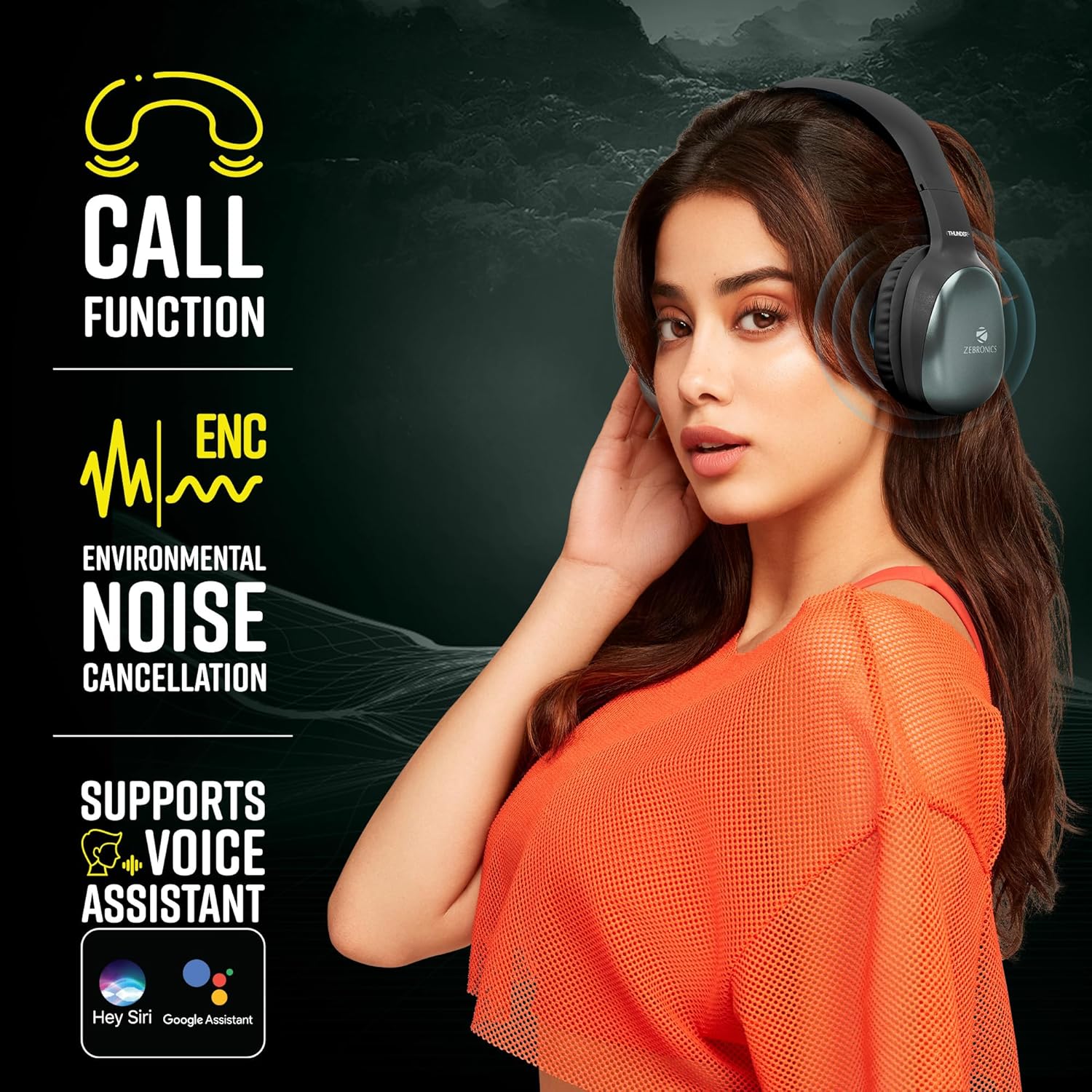 ZEBRONICS Thunder Pro Wireless Over Ear Headphone with Dual Pairing, Gaming Mode, Enc, Bluetooth, Call Function, Aux, Micro Sd, Voice Assistant, Deep Bass, Up to 60H Backup (Olive Green)