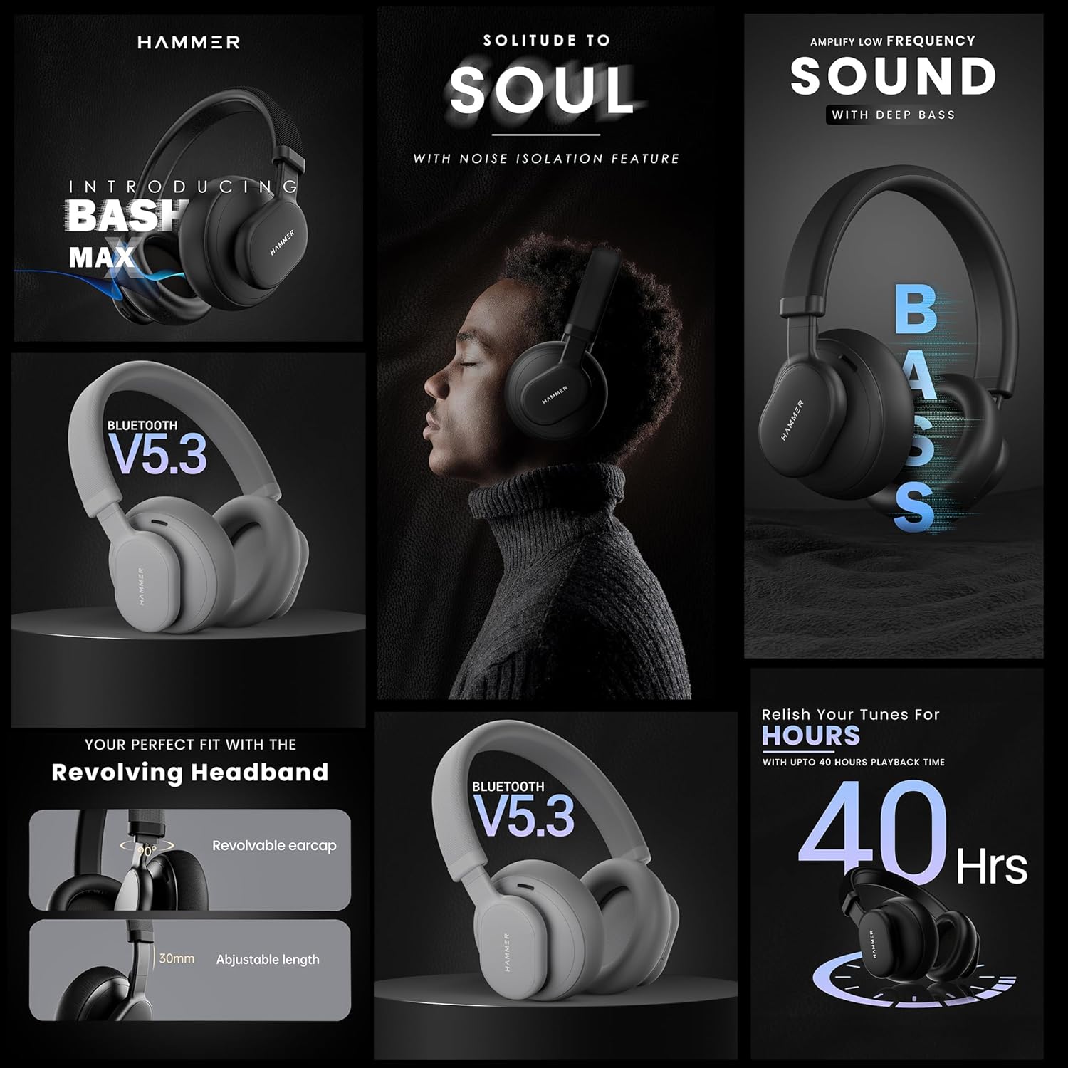 HAMMER Bash Max Over The Ear Wireless Bluetooth Headphones with Mic, Touch Control, Deep Bass, Upto 40 Hours Playtime, Bluetooth 5.3, Workout/Travel (Black) - Image 7