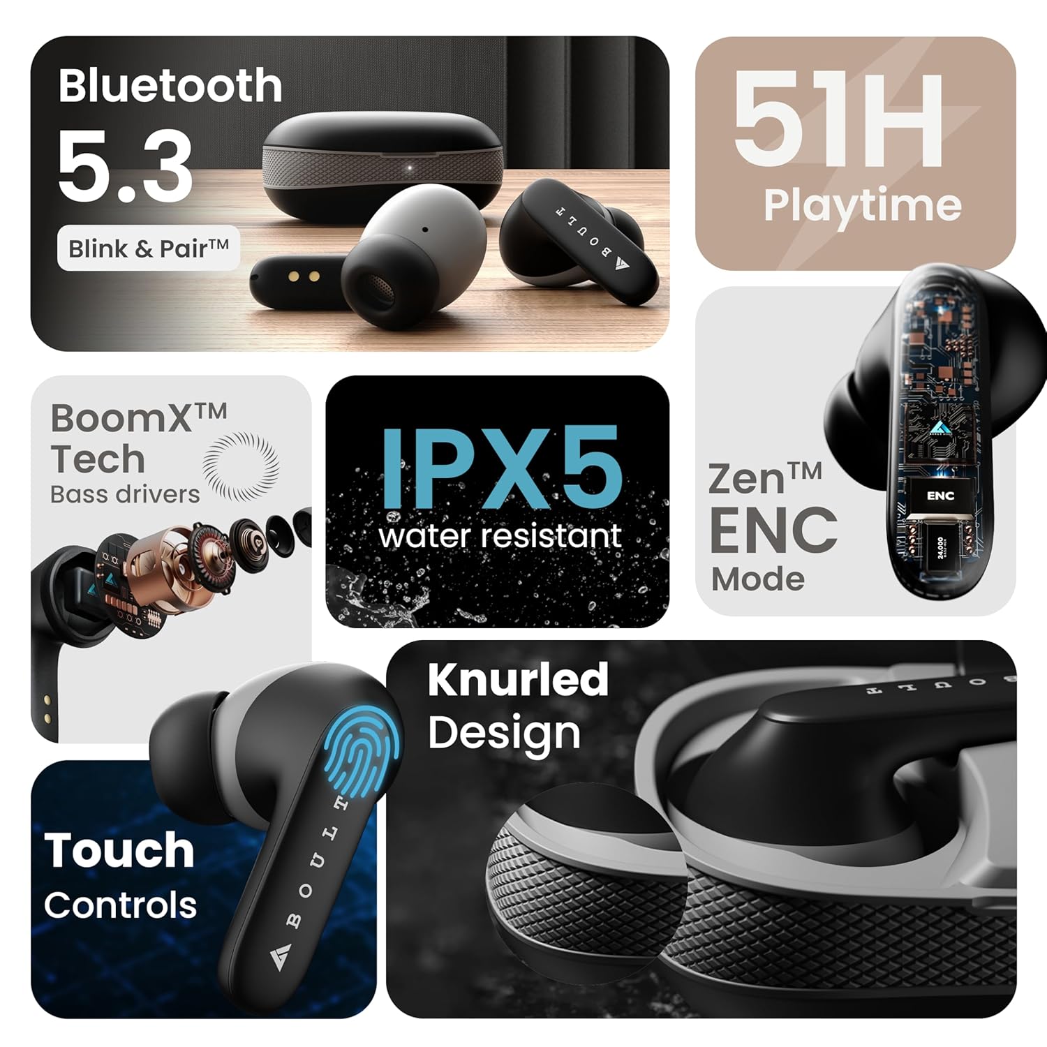 Boult Z20 Truly Wireless Bluetooth Ear Buds with 51H Playtime, Zenâ„¢ Calling ENC Mic, Made in India, Low Latency Gaming, Touch Controls, Rich Bass Drivers, TWS Earbuds Bluetooth Wireless (Pine Green) - Image 4